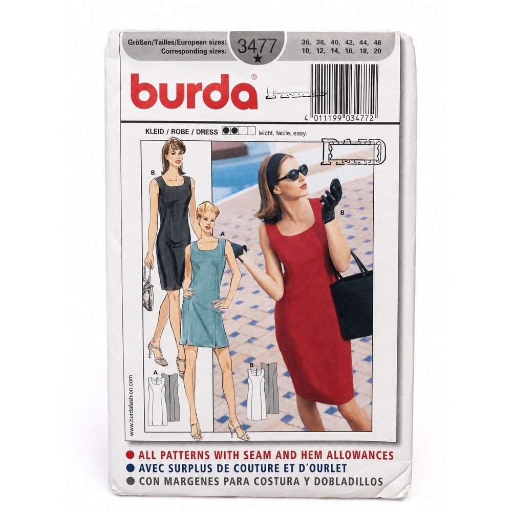 Burda 3477 Fitted Dress Sewing Pattern Sizes 10 20 Uncut 2002